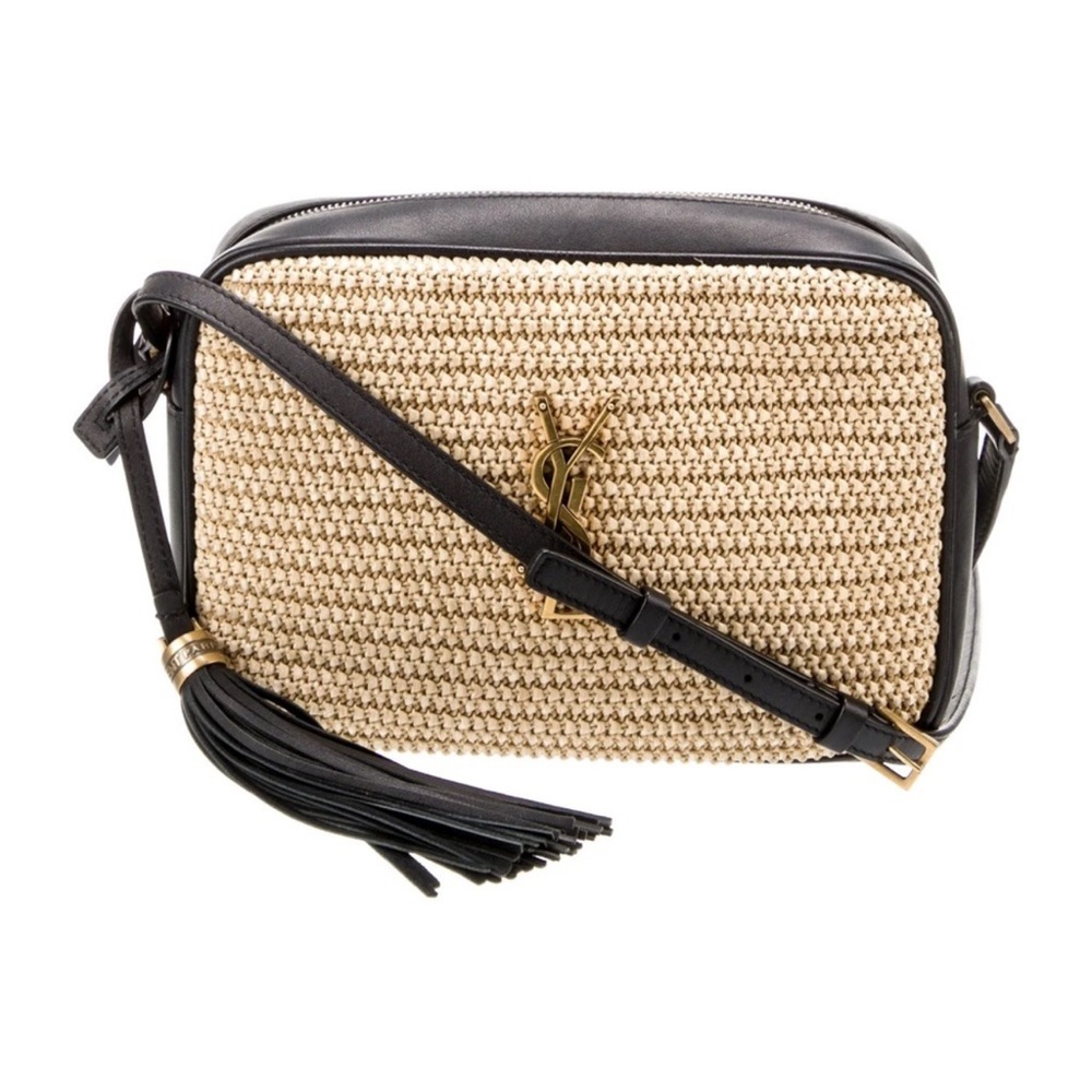 YSL Saint Laurent Lou Raffia & Leather Camera Bag Black & Beige